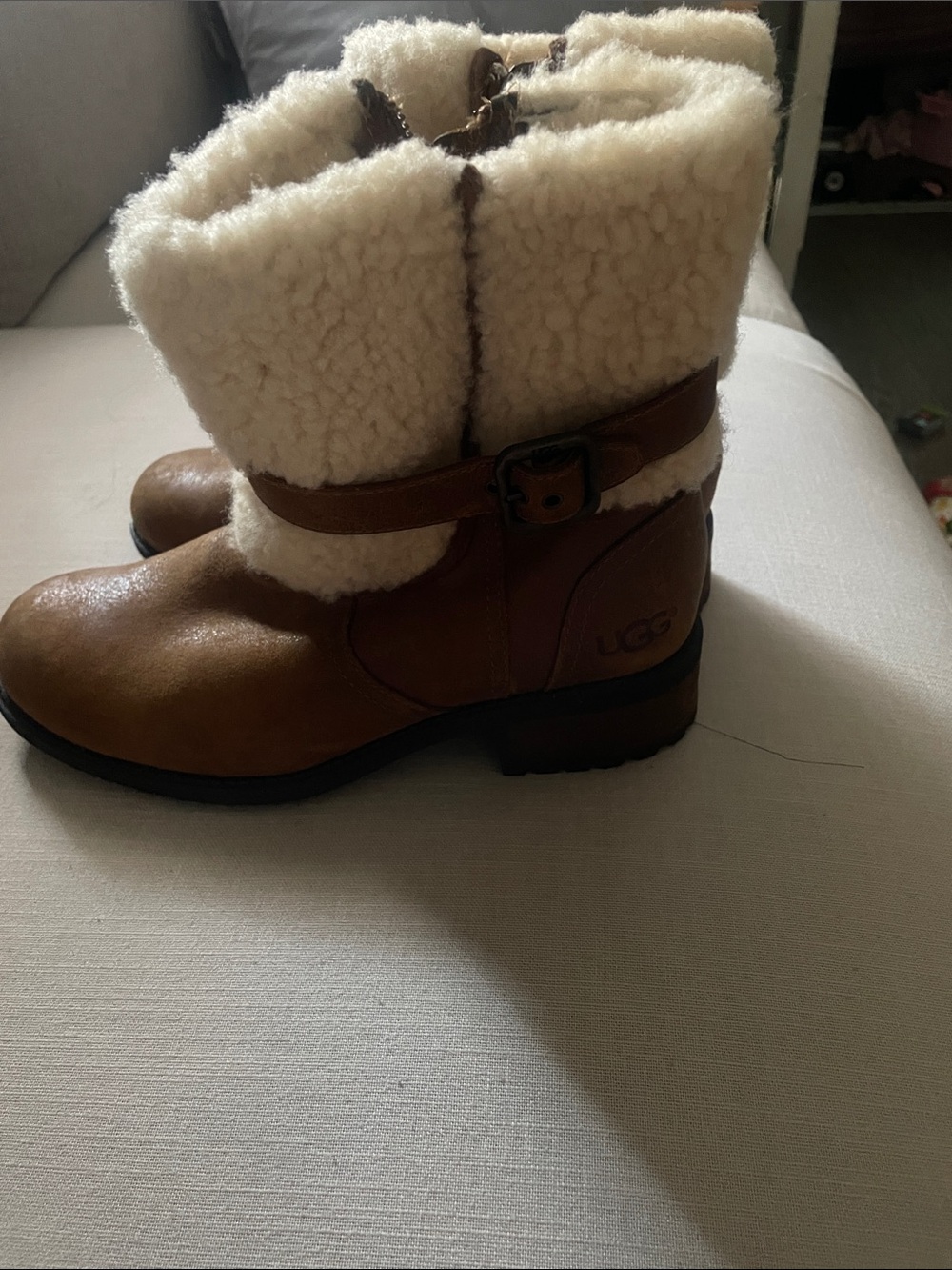 UGG Chestnut Leather Shearling-Cuff Ankle Boots with Cream Lining